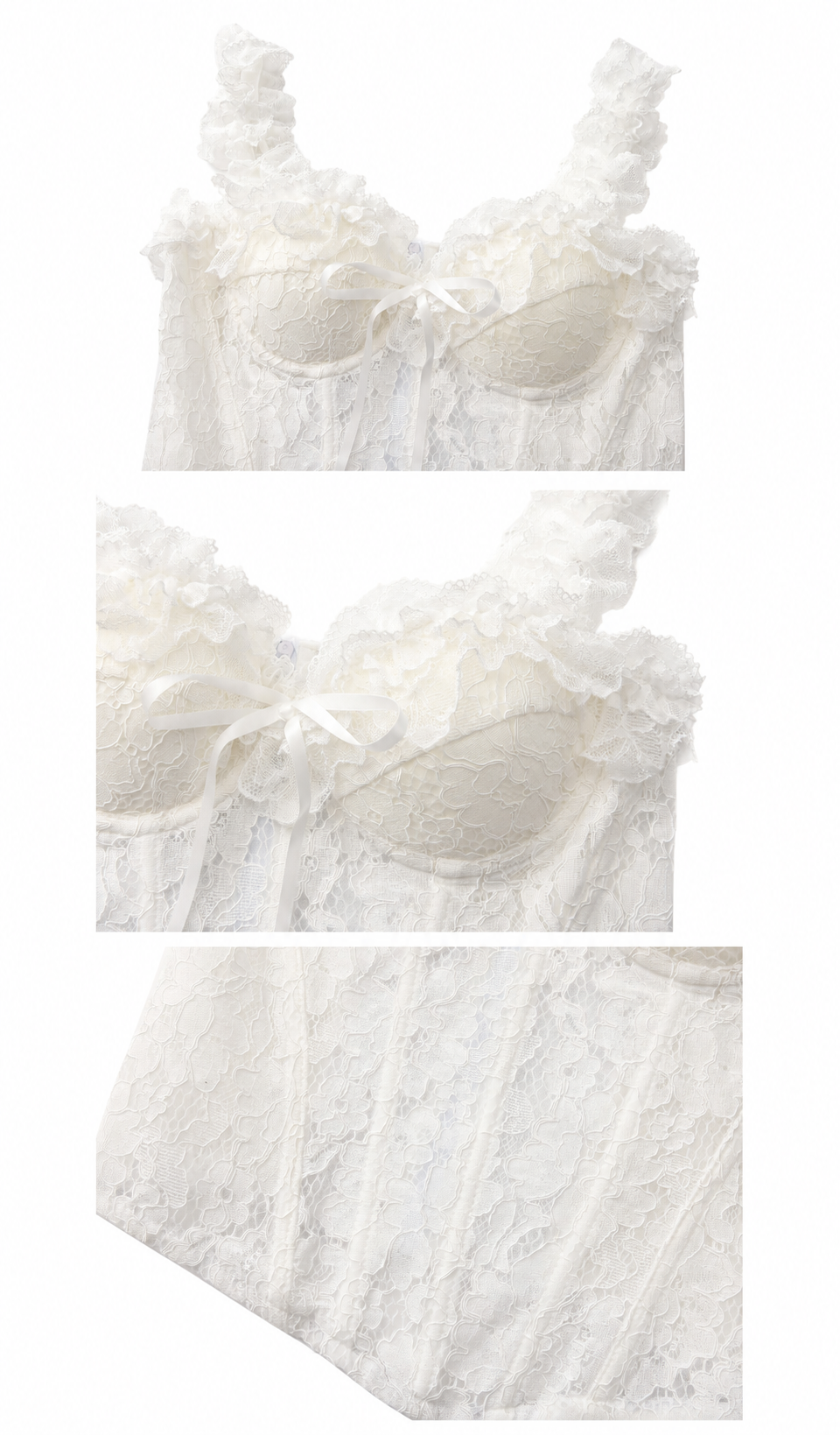 Close-up details of the The Forgotten Bride Corset highlighting the floral lace texture, delicate ribbon bow, supportive boning, and premium craftsmanship.