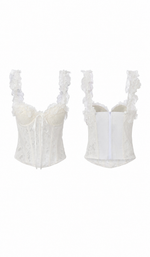 Front and back view of the The Forgotten Bride Corset featuring floral lace fabric, adjustable shoulder straps, structured corset silhouette, and back zipper closure.