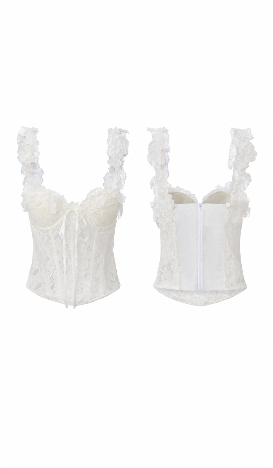 Front and back view of the The Forgotten Bride Corset featuring floral lace fabric, adjustable shoulder straps, structured corset silhouette, and back zipper closure.