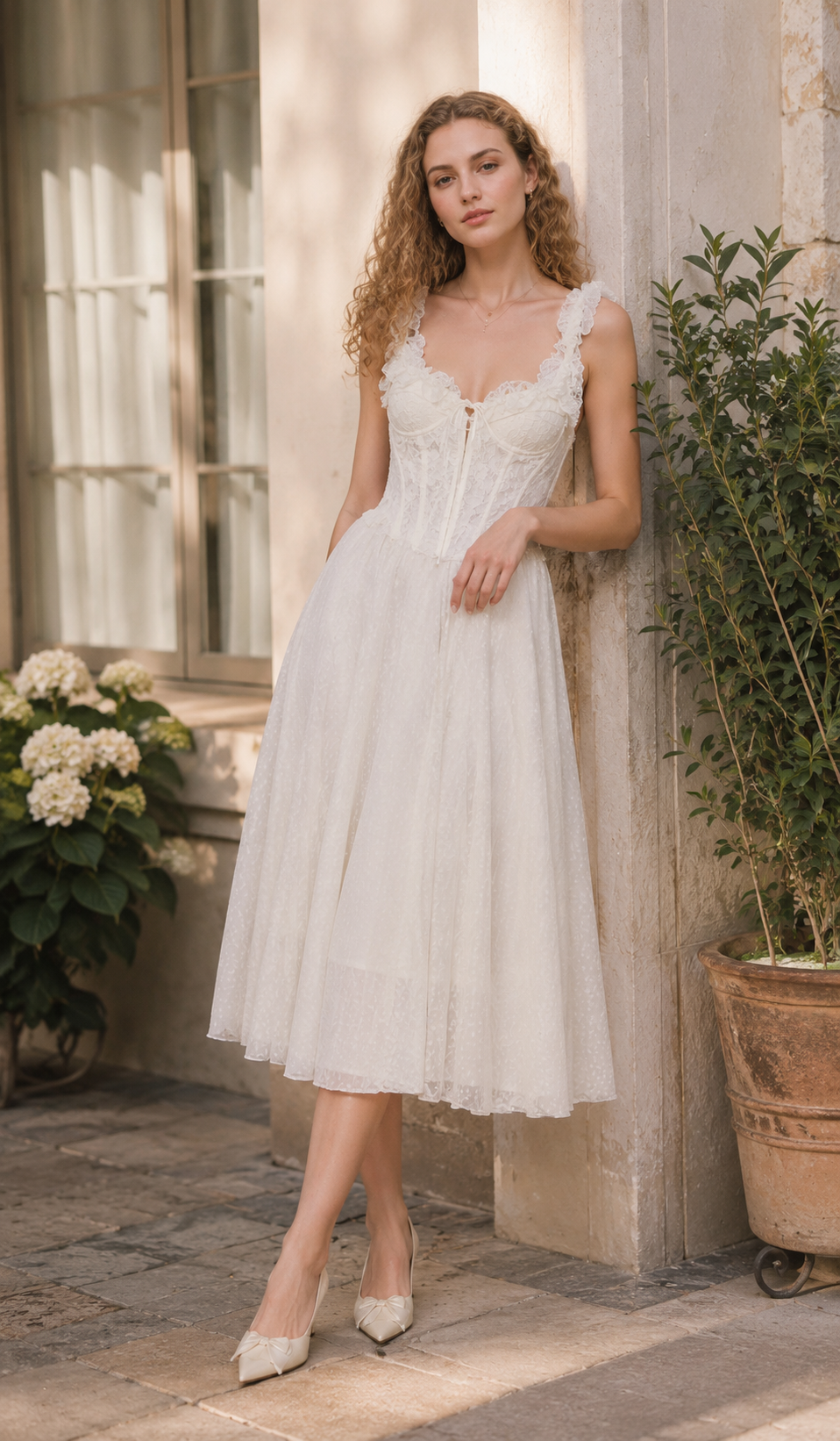 Model styling the The Forgotten Bride Corset with the lace straps worn off the shoulders, featuring elegant floral lace and a romantic vintage-inspired look.