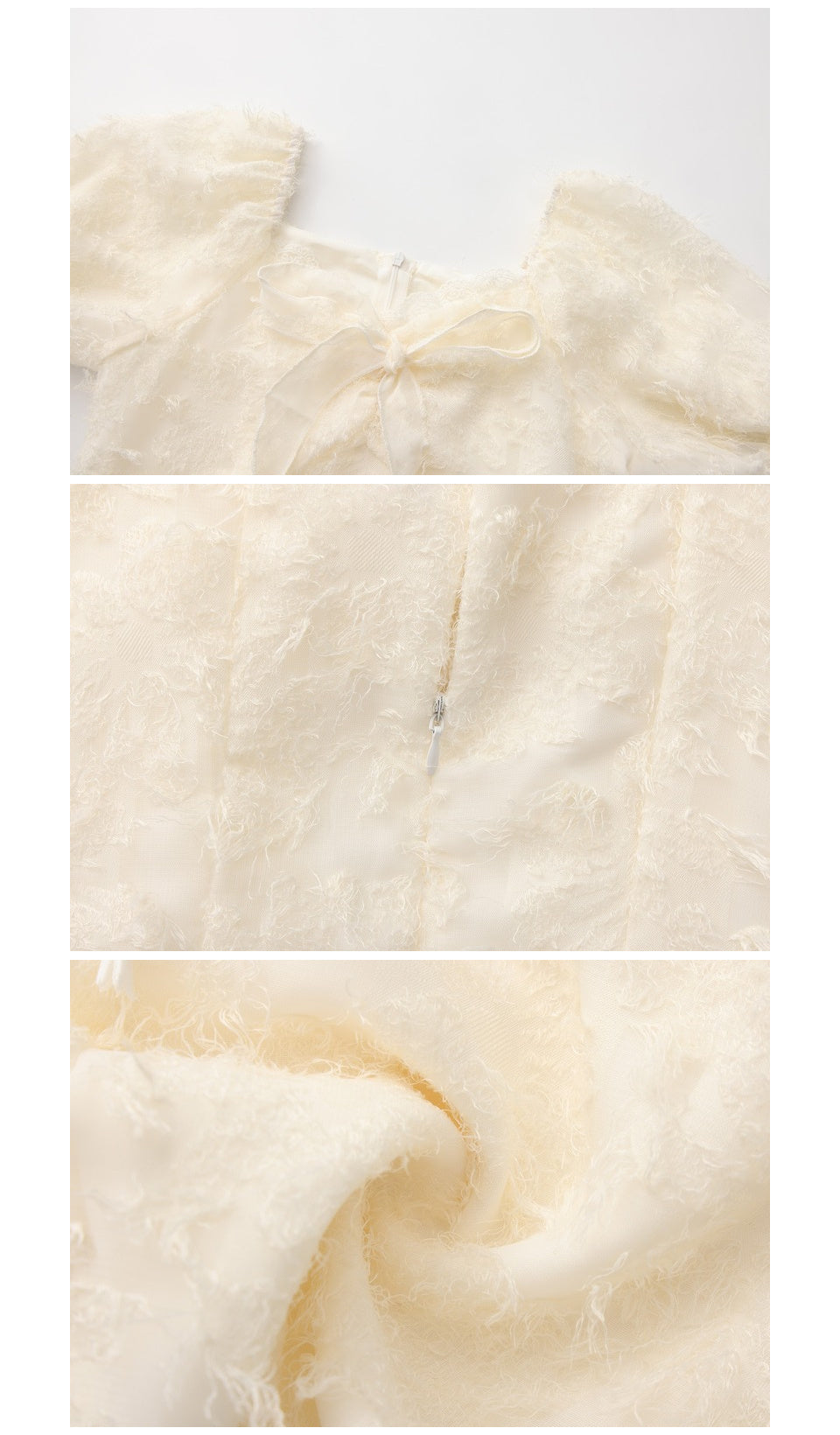 Close-up details of the bow, back zipper and textured fabric on The Last Promise of Ravello Dress