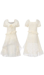 Front and back views of The Last Promise of Ravello ivory puff-sleeve midi dress