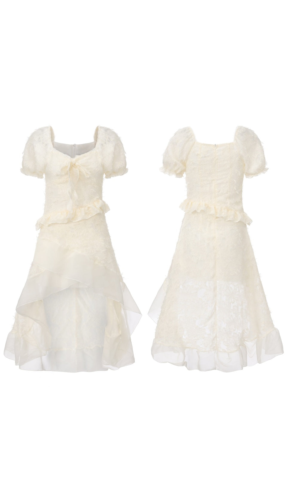 Front and back views of The Last Promise of Ravello ivory puff-sleeve midi dress