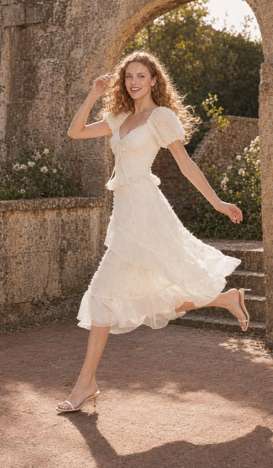 Front view of The Last Promise of Ravello ivory midi dress with puff sleeves and an asymmetric skirt
