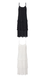 Front and back view of The Last Summer Diary Dress in black and white, featuring delicate lace trim, adjustable spaghetti straps, tiered midi silhouette, and lightweight romantic design.