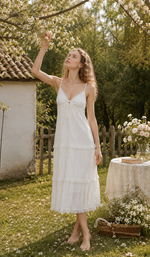 Model wearing The Last Summer Diary Dress in white while reaching for blooming flowers, highlighting the lightweight fabric, lace trim, and elegant summer silhouette.