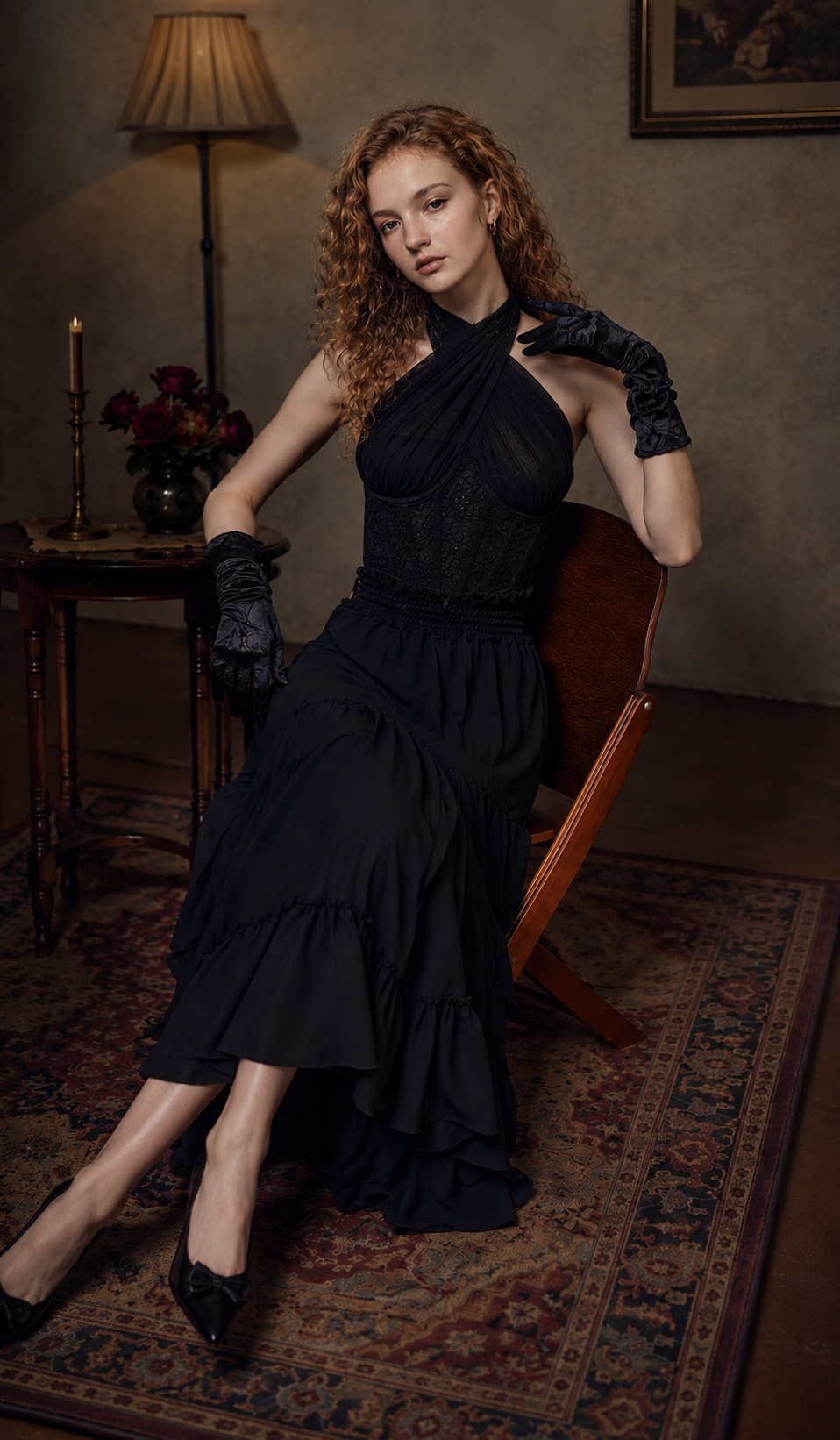 Model seated indoors wearing The Last Vow Corset in black with matching gloves and a flowing chiffon skirt, showcasing floral lace corset construction, halter neckline, and gothic elegance.