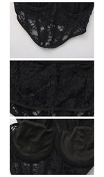 Close-up details of The Last Vow Corset in black, showcasing floral lace embroidery, structured boning, supportive molded cups, and premium craftsmanship.