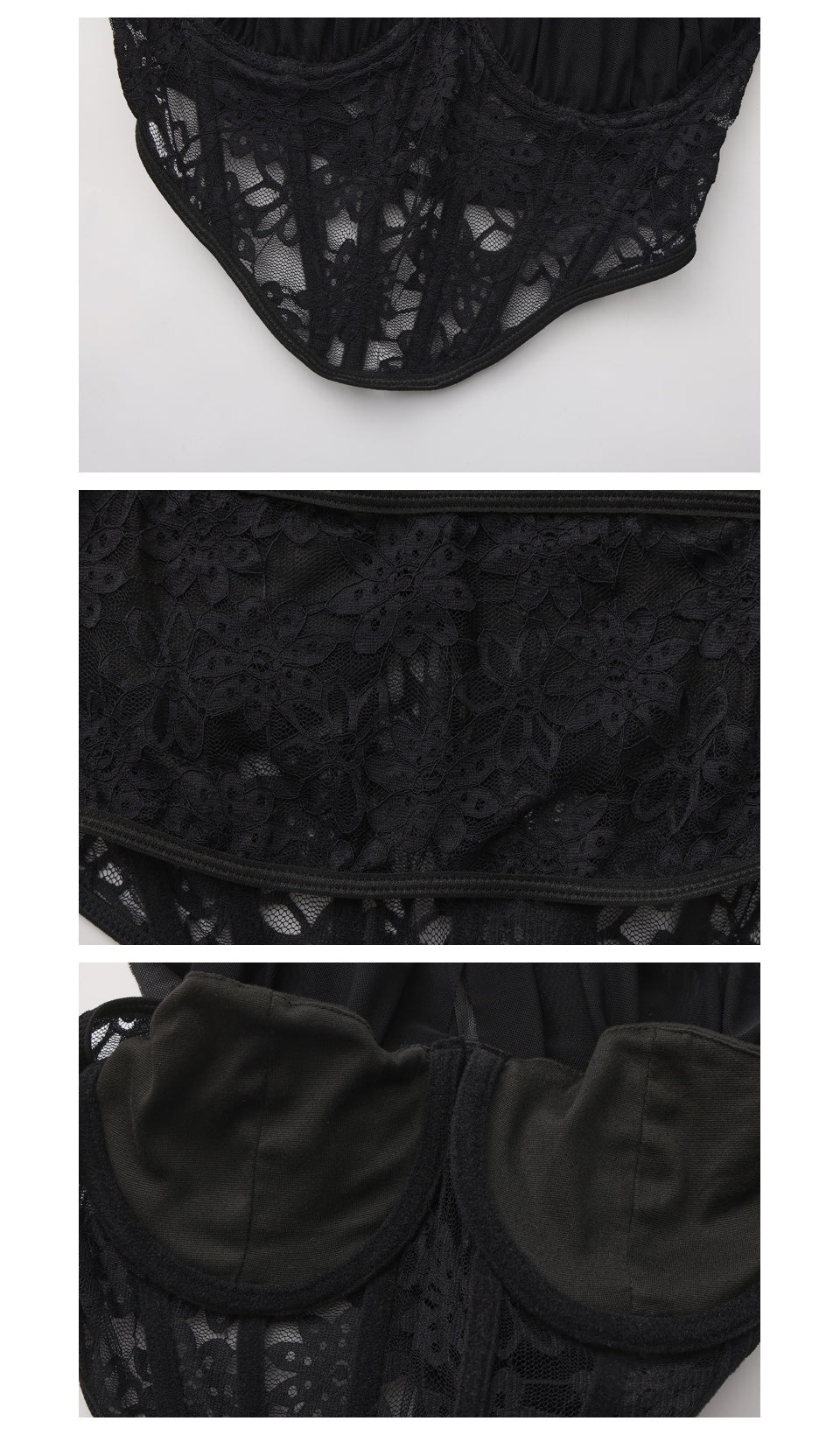 Close-up details of The Last Vow Corset in black, showcasing floral lace embroidery, structured boning, supportive molded cups, and premium craftsmanship.