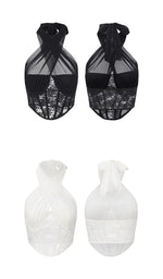 Front and back view of The Last Vow Corset in black and white, featuring floral lace corset construction, halter neckline, molded cups, and adjustable tie-back design.