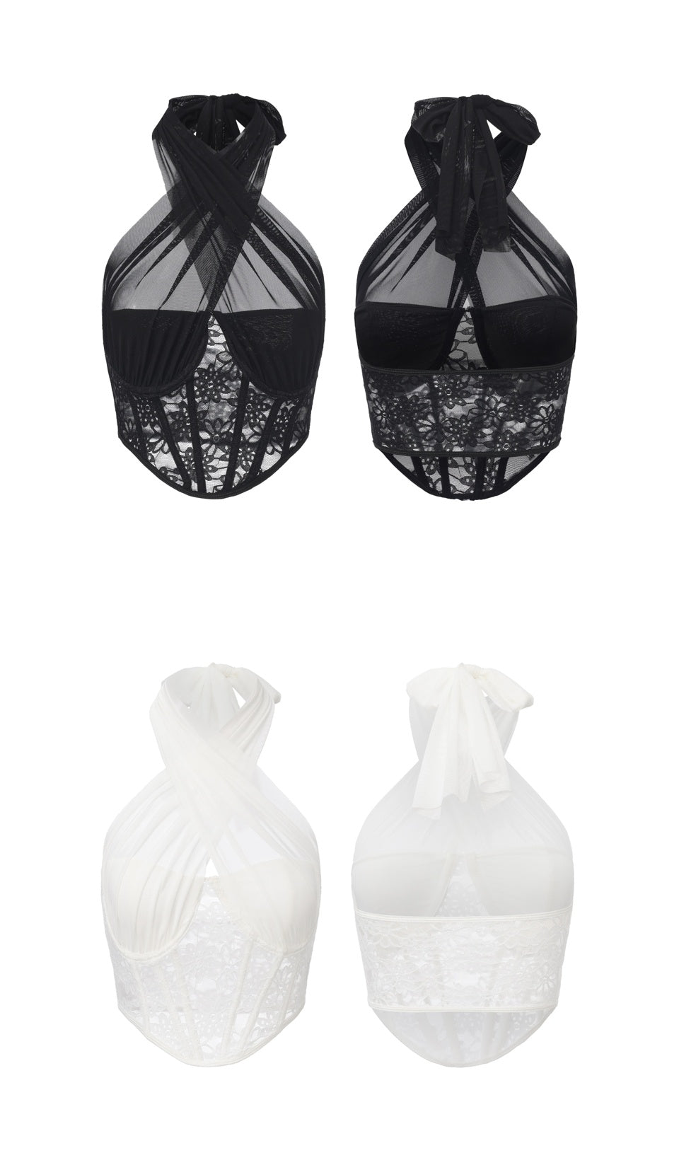 Front and back view of The Last Vow Corset in black and white, featuring floral lace corset construction, halter neckline, molded cups, and adjustable tie-back design.