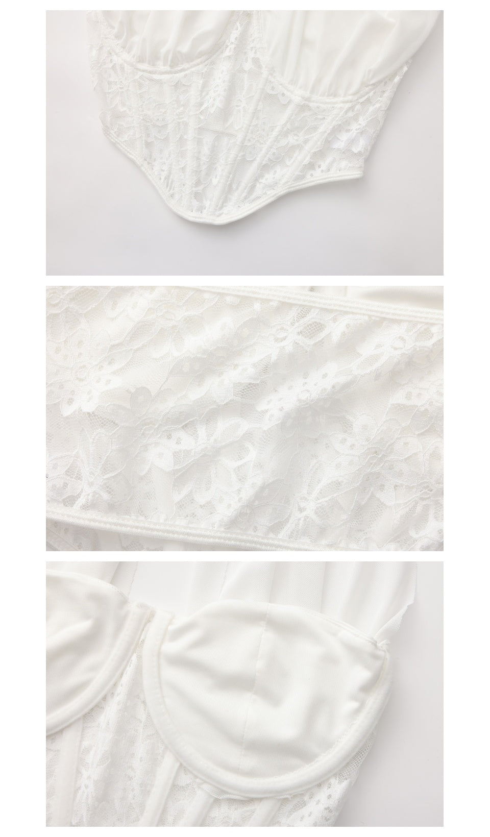 Close-up details of The Last Vow Corset in white, highlighting embroidered floral lace, structured boning, supportive cups, and refined bridal-inspired craftsmanship.