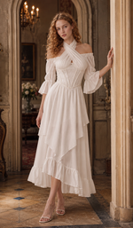 Model wearing The Last Vow Corset in white with an elegant off-shoulder chiffon dress inside a classic palace, featuring floral lace boning, halter neckline, and romantic bridal-inspired silhouette.