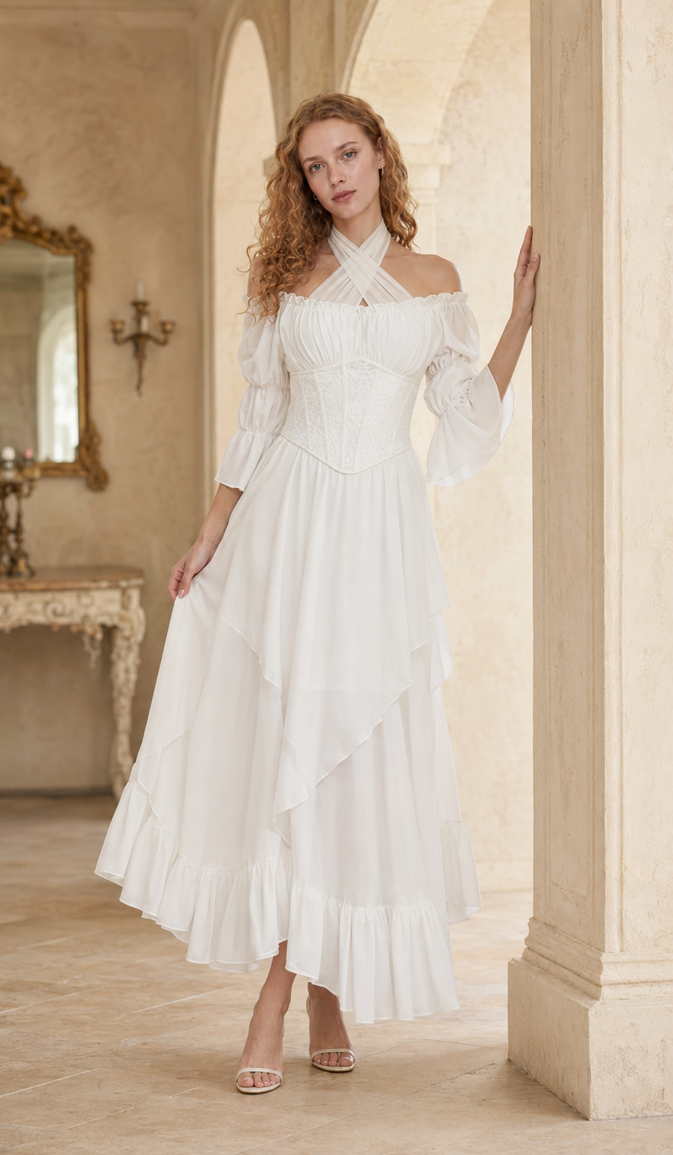 Model standing in a bright European palace wearing The Last Vow Corset in white, featuring an embroidered lace corset, crisscross halter neckline, off-shoulder sleeves, and flowing asymmetrical skirt.