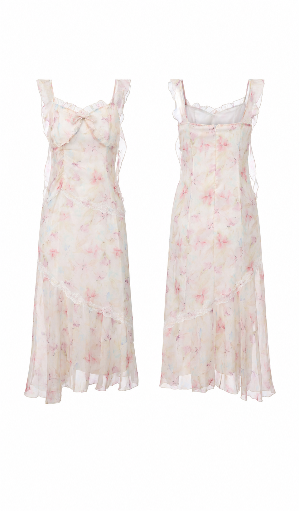 Front and back product views of The Lavender Promise floral chiffon maxi dress