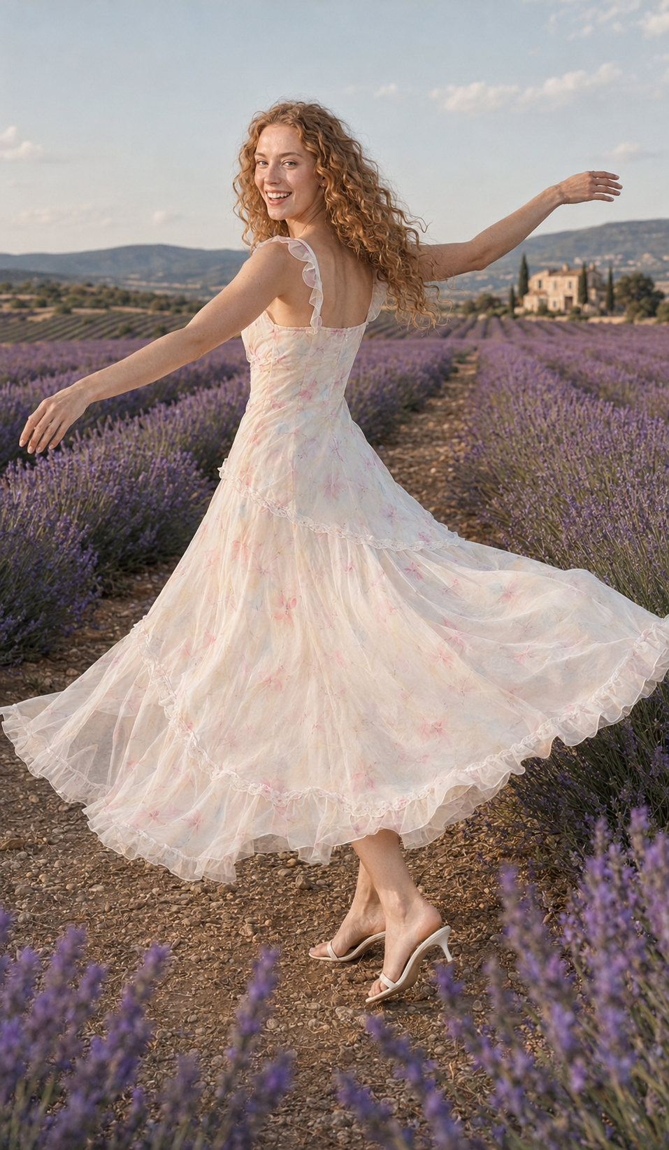 Back view of The Lavender Promise Dress twirling in a Provence lavender field