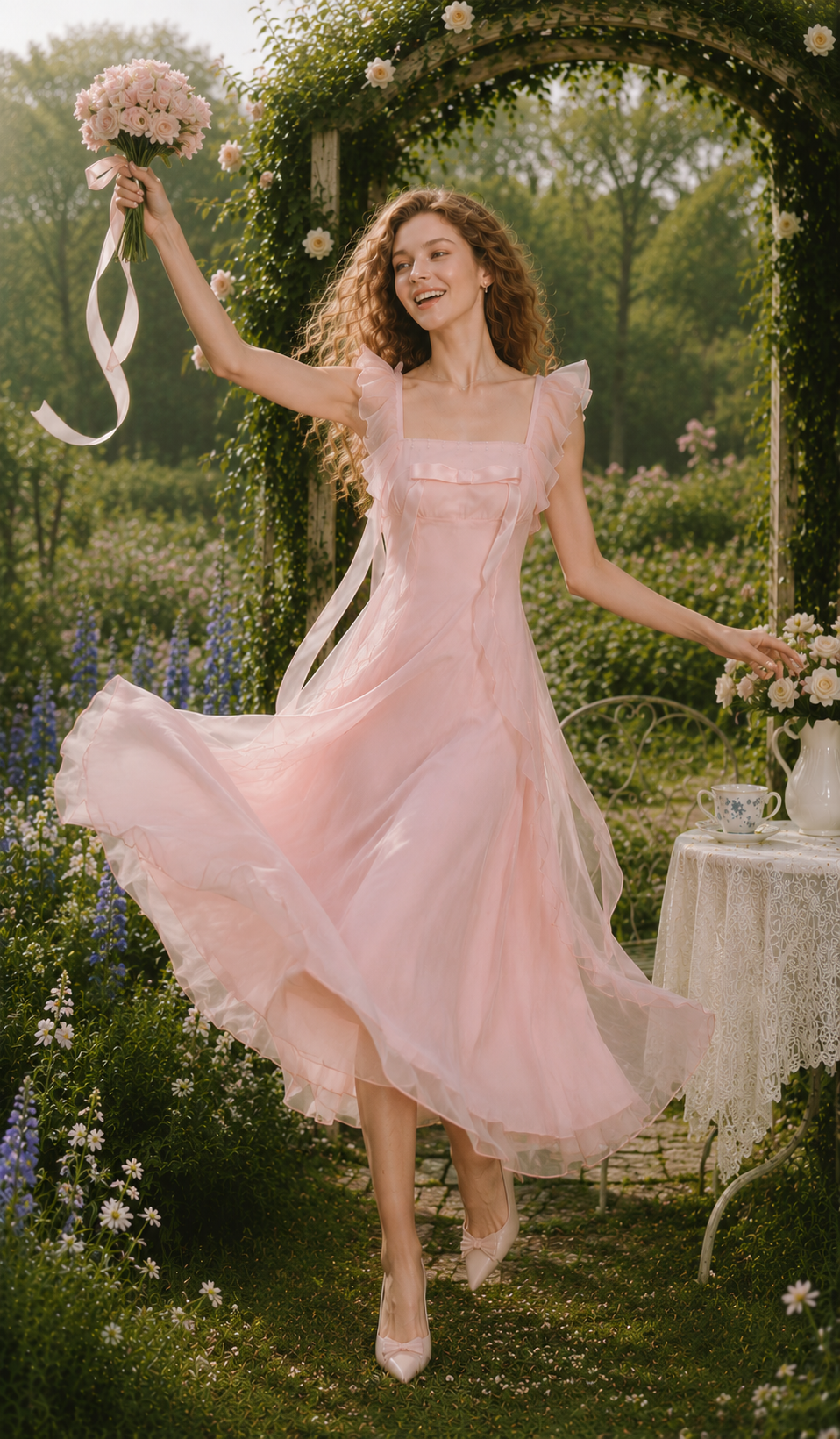 Woman holding a rose bouquet while wearing The Rose Oath Dress in pink with romantic sheer ruffle accents.