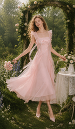 Woman wearing The Rose Oath Dress in pink, standing in a romantic flower garden with soft ruffle details.
