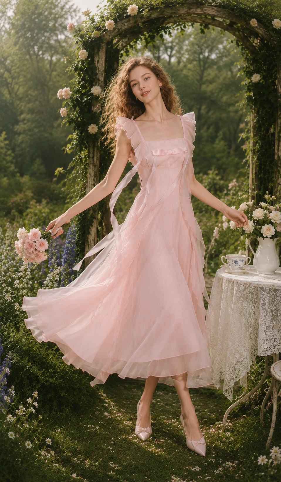 Woman wearing The Rose Oath Dress in pink, standing in a romantic flower garden with soft ruffle details.