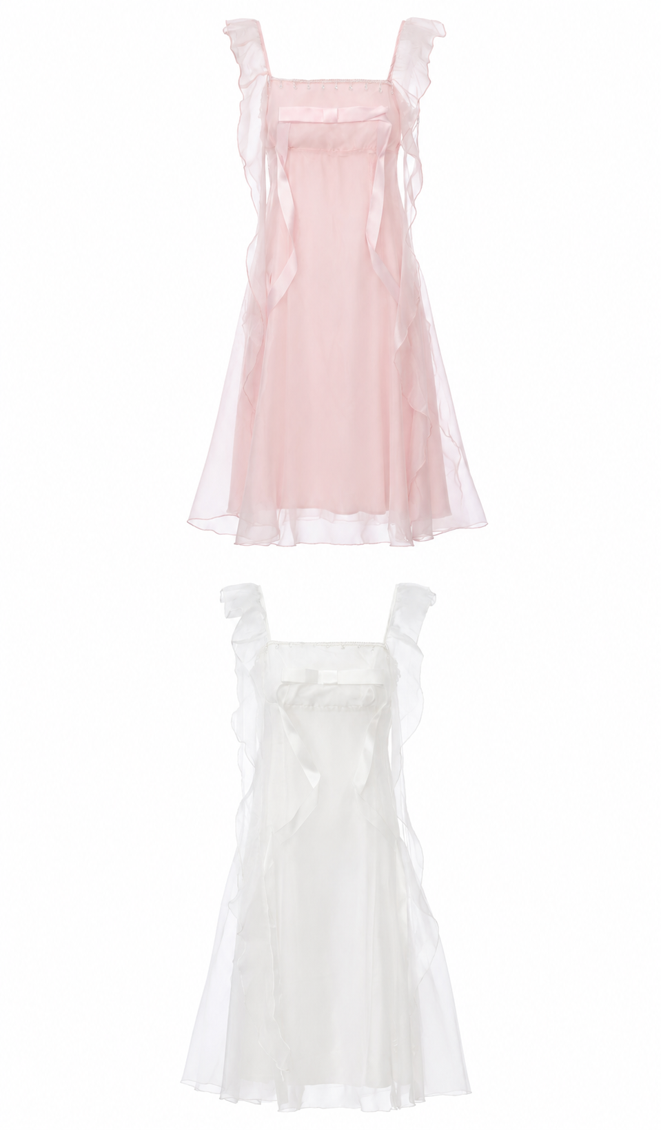 Product view of The Rose Oath Dress in pink and white, featuring ruffle straps, bow detail, and a soft flowing silhouette.
