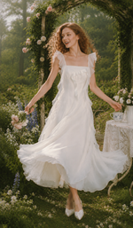 The Rose Oath Dress in white with a flowing skirt, ruffle straps, and soft romantic garden styling.