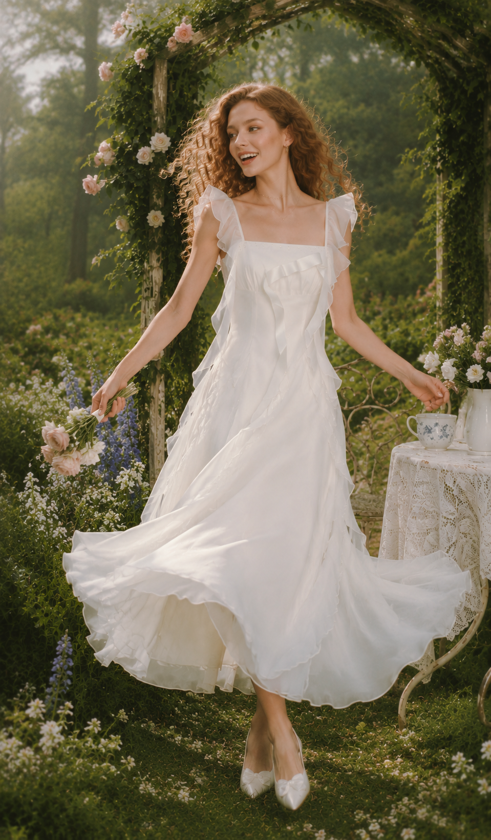 The Rose Oath Dress in white with a flowing skirt, ruffle straps, and soft romantic garden styling.
