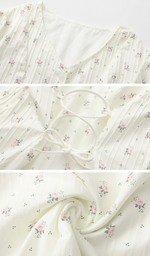 Detail collage of The Rosekeeper of Gordes Dress showing the neckline, lace-up back and pink rose-print fabric.