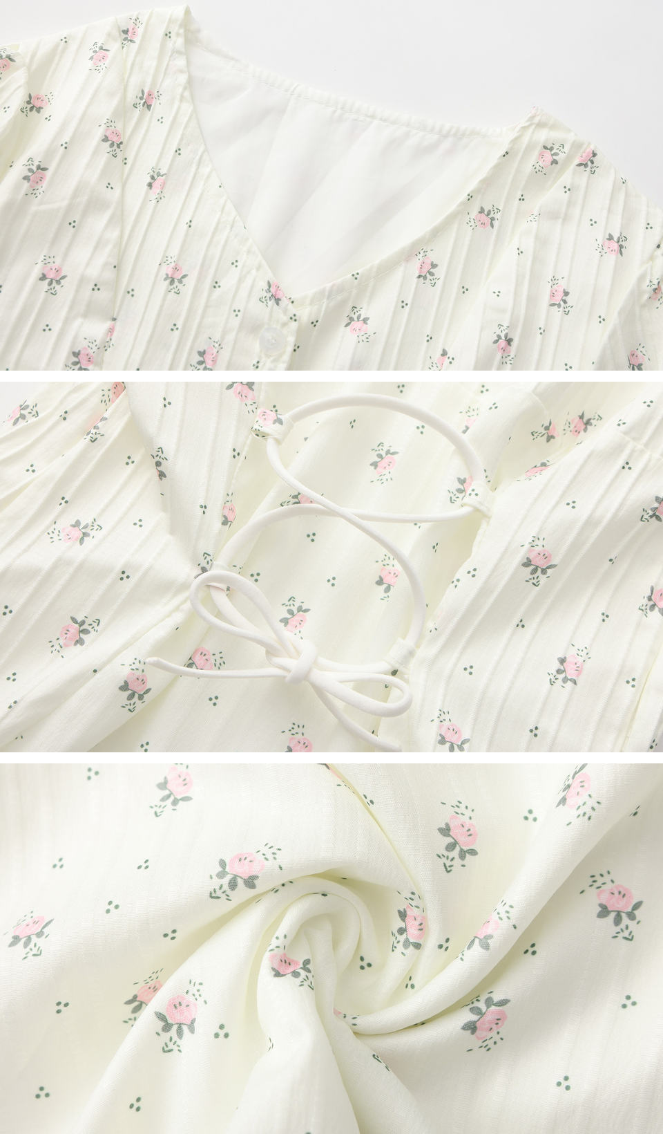 Detail collage of The Rosekeeper of Gordes Dress showing the neckline, lace-up back and pink rose-print fabric.