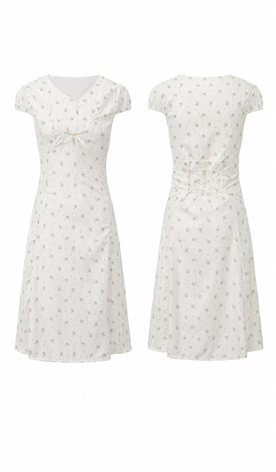 Front and back product view of The Rosekeeper of Gordes Dress with an ivory floral print and lace-up waist.