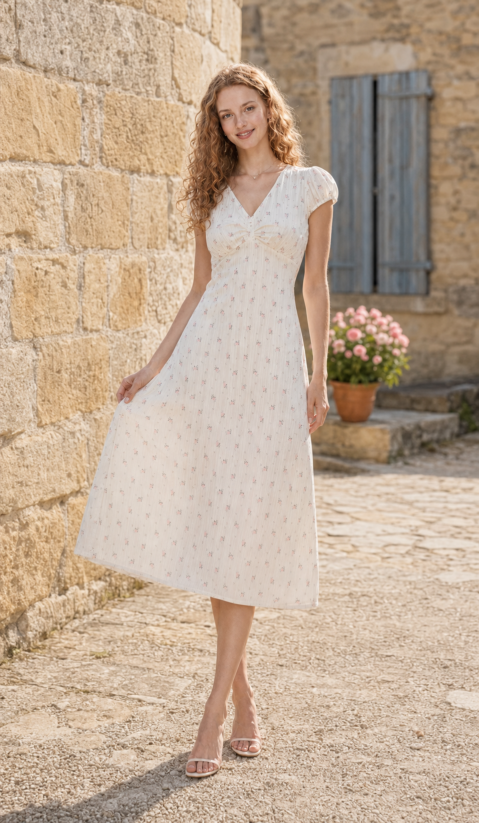 Model wearing The Rosekeeper of Gordes Dress, an ivory floral midi dress, in a sunlit Provence stone courtyard.