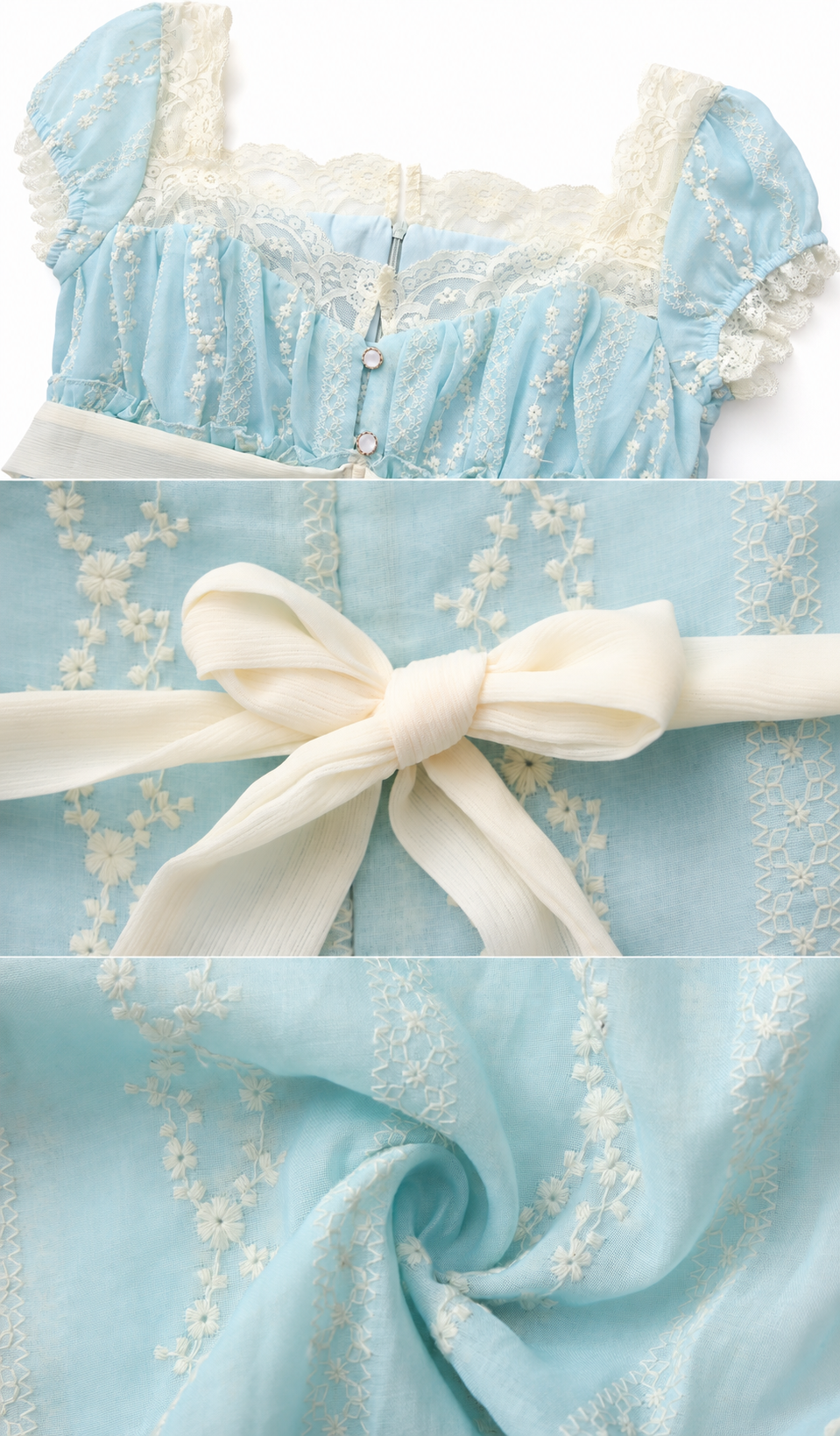 Close-up details of The Seventh Letter Corset Dress showcasing embroidered chiffon fabric, delicate lace neckline, decorative buttons, ribbon waist tie, and premium craftsmanship.