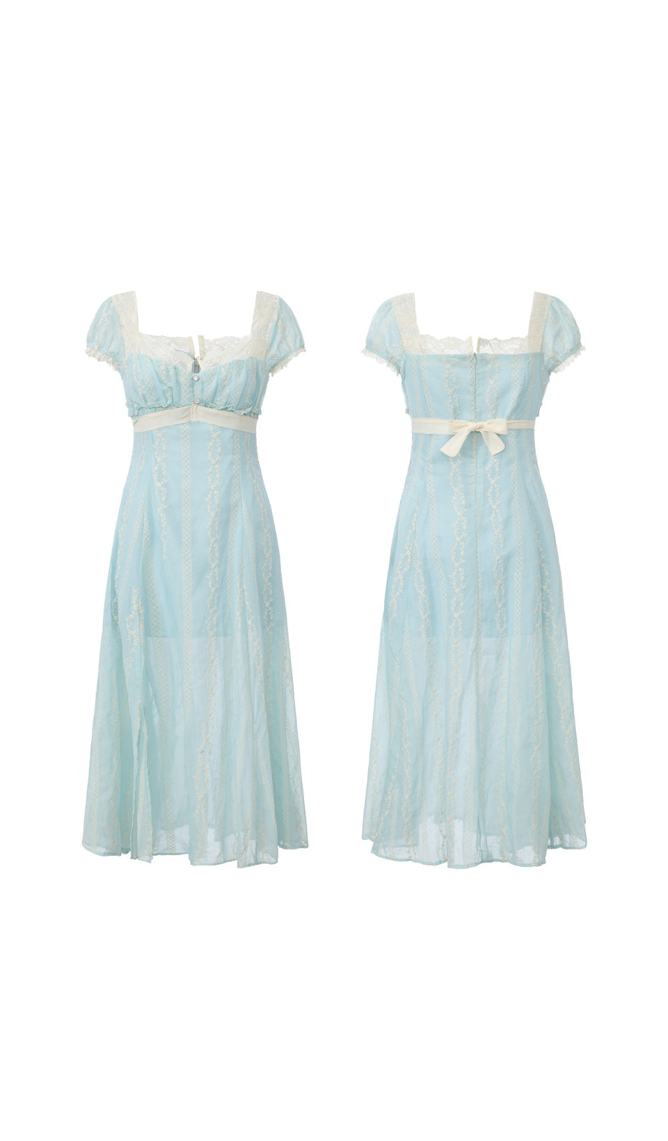 Front and back view of The Seventh Letter Corset Dress featuring soft blue embroidered fabric, lace trim, puff sleeves, ribbon waist tie, and an elegant flowing midi silhouette.