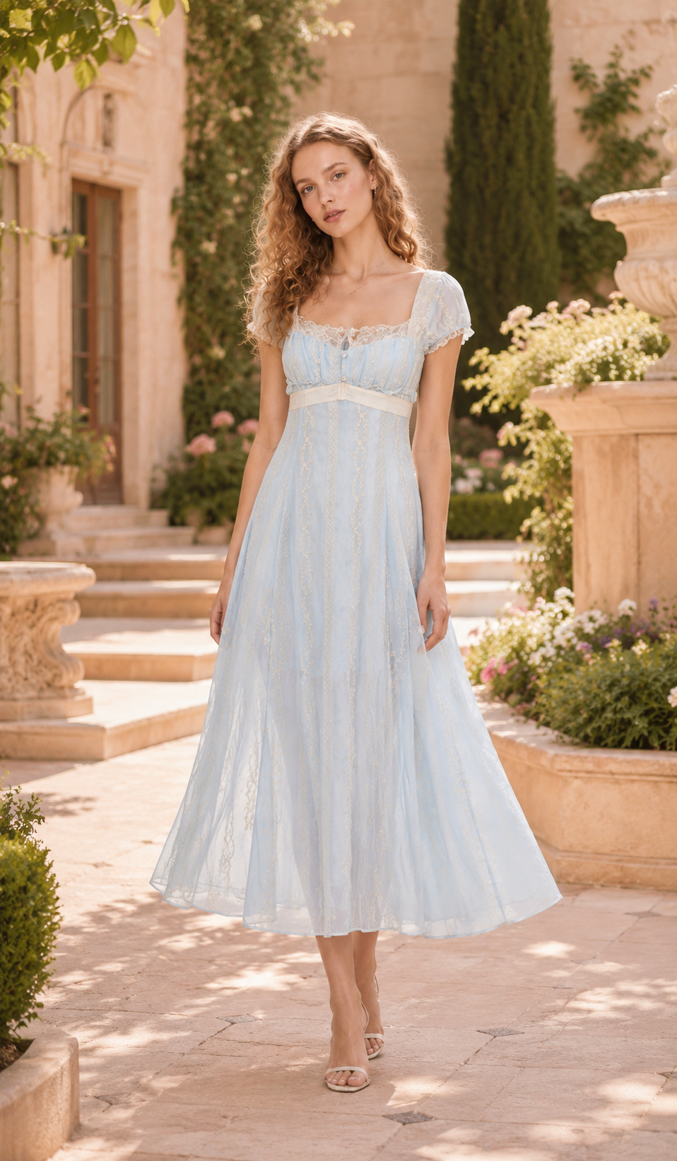 Model walking through a romantic European garden wearing The Seventh Letter Corset Dress in soft sky blue with delicate floral embroidery, lace trim, puff sleeves, and an elegant flowing silhouette.