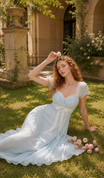 Model standing beside blooming hydrangeas in The Seventh Letter Corset Dress with embroidered floral details, lace trim, puff sleeves, ribbon waist, and graceful midi silhouette.