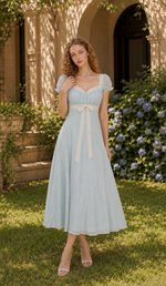Model sitting on a picnic blanket wearing The Seventh Letter Corset Dress featuring a sky blue embroidered fabric, lace neckline, ribbon waist tie, puff sleeves, and romantic cottagecore styling.