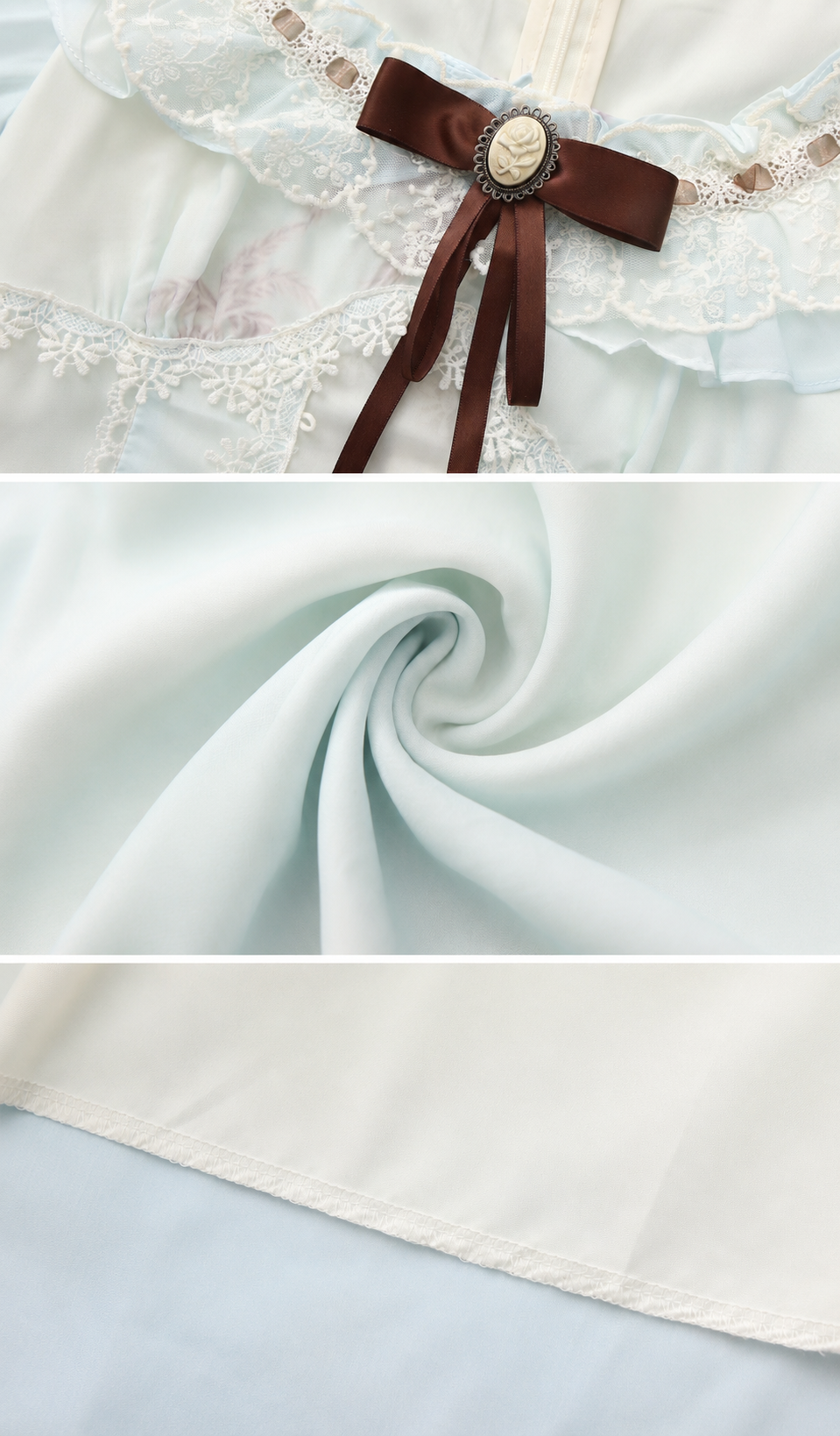 Close-up details of the The Sixth Summer Corset Dress highlighting the lace neckline, decorative ribbon brooch, soft chiffon fabric, delicate stitching, and premium craftsmanship.