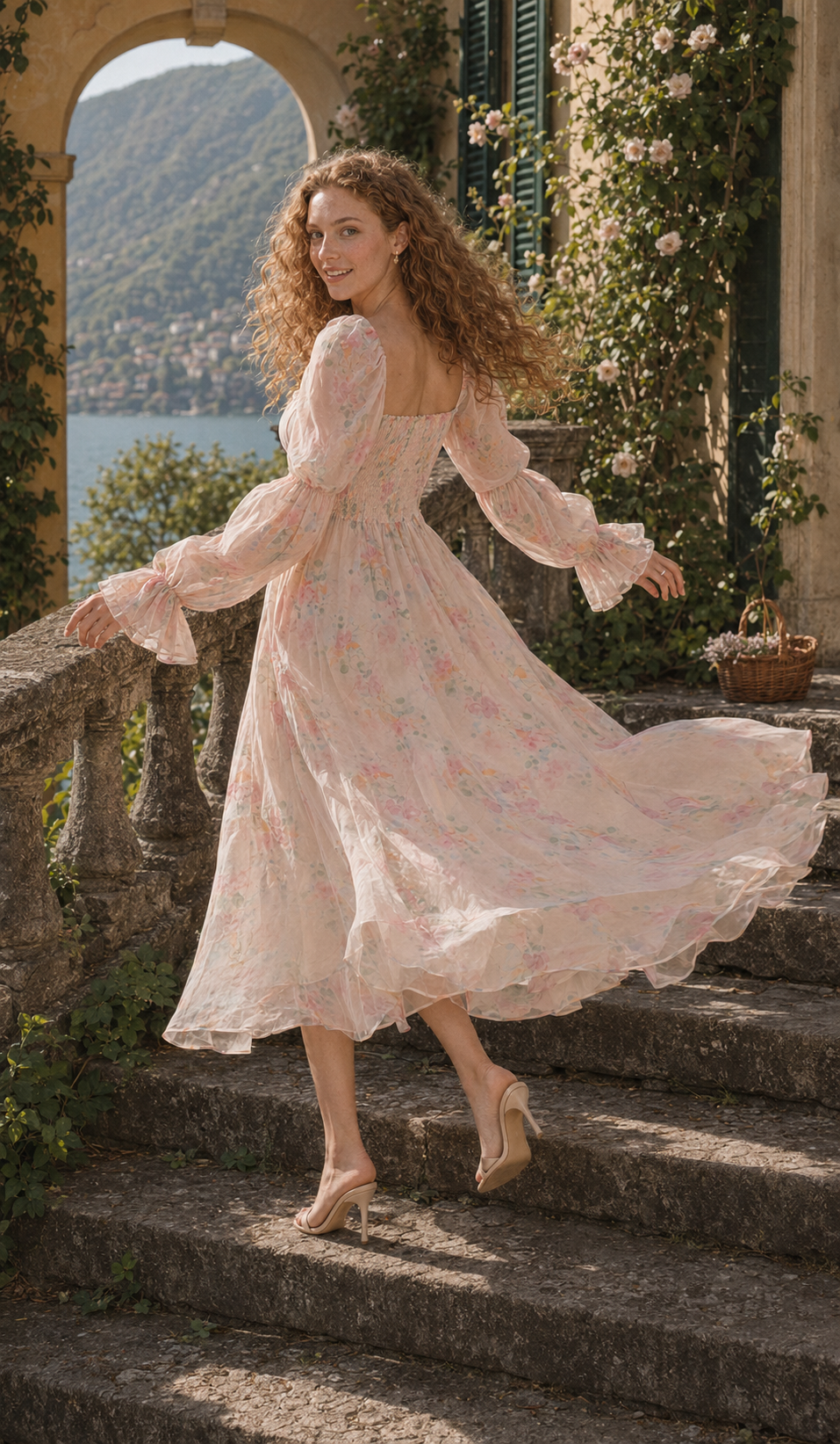 Back view of The Summer Serafina Kept Dress with a smocked bodice and flowing floral skirt