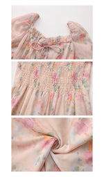 Detail collage showing the tie neckline, smocked back and watercolor floral fabric of the dress