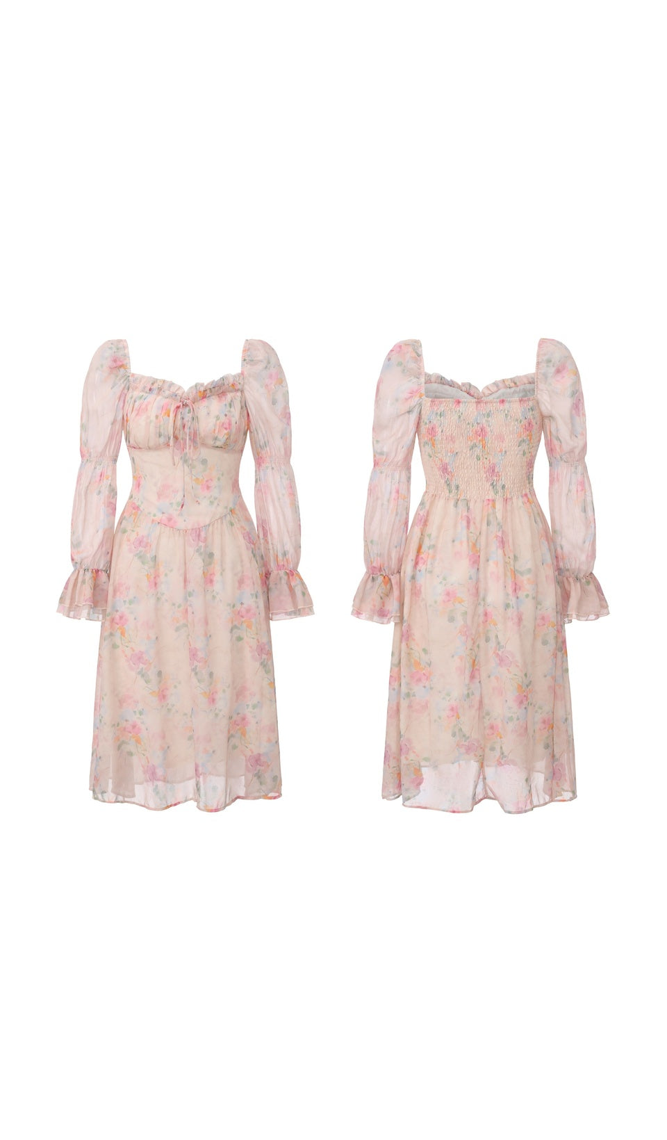 The Summer Serafina Kept Dress in pink watercolor floral print, shown from the front and back
