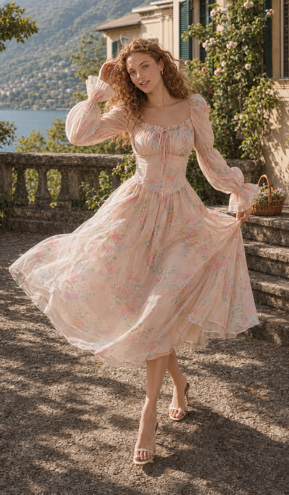 Front view of model wearing The Summer Serafina Kept pink floral midi dress by the lake