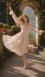 Model wearing The Summer Serafina Kept pink floral dress beneath a rose-covered garden arch