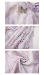 Detail views of the Violette Butterfly Dress brooch, watercolor chiffon, ruffle edges and gold accents