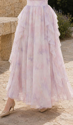 Close-up of the Violette Butterfly Dress layered chiffon skirt with butterfly and gold foil details