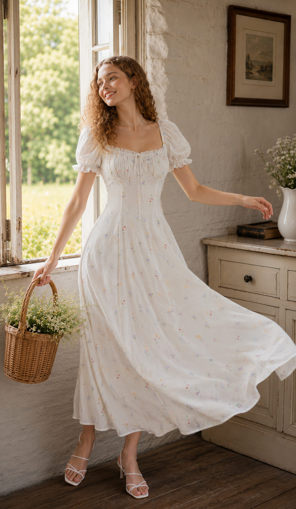 Woman twirling in a white floral dress with a flowing skirt, puff sleeves, and romantic countryside-inspired styling.