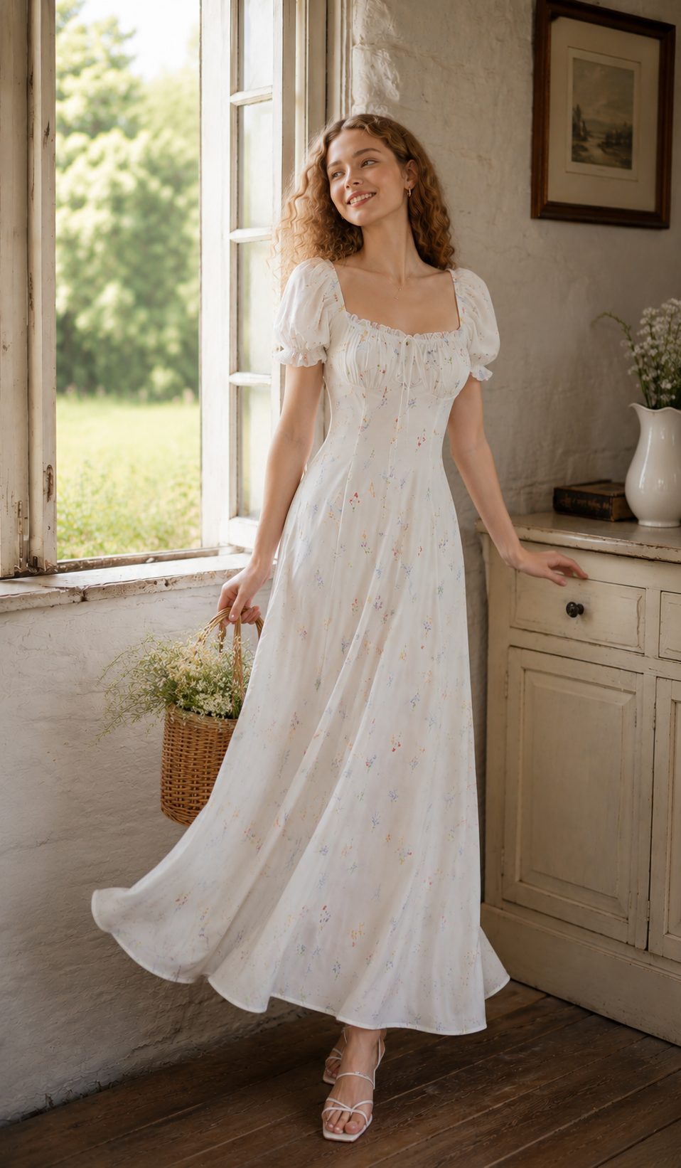 Back view of a white floral puff sleeve maxi dress showing the elegant silhouette and flowing skirt.