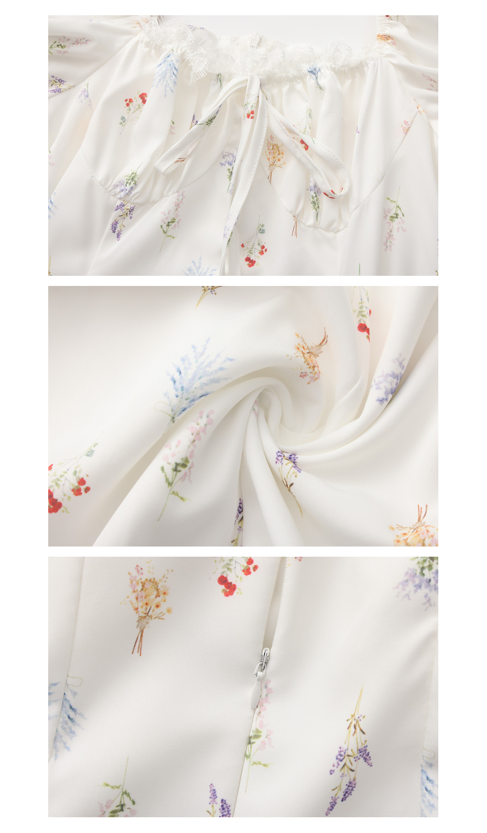 Close-up details of the white floral maxi dress featuring the square neckline, lightweight fabric, floral print, and concealed zipper.
