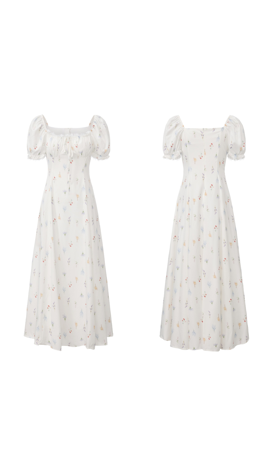 Front and back view of a white floral puff sleeve maxi dress with a square neckline and elegant full-length silhouette.