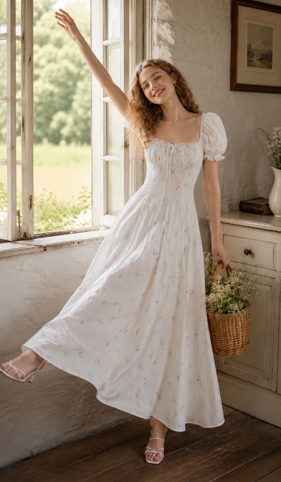 Full-length view of a white floral puff sleeve maxi dress with a fitted waist and lightweight flowing silhouette.
